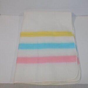 VTG Esmond Bunny Baby Blanket Klondike Stripe Acrylic Pastel  Pink Blue yellow